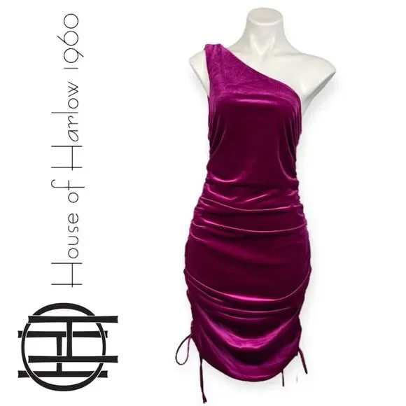 House Of Harlow 1960 Revolve Ruched Velvet One Shoulder Midi Mini Dress Size L - Picture 4 of 16